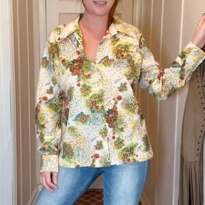 Vintage Top Groovy Button-Down Shirt Floral Swirl Print Costume 70's Retro Y2K
